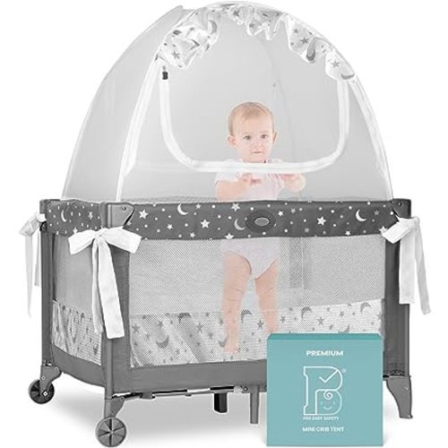 Premium Pack n Play Tent, Mini Crib Tent to Keep Baby from Climbing Out, Auto Pop Up Pack and Play Tent with Auto-Lock Zippers, Thick Velvety Breathable Mesh (Stars & Moons - Ruffles)