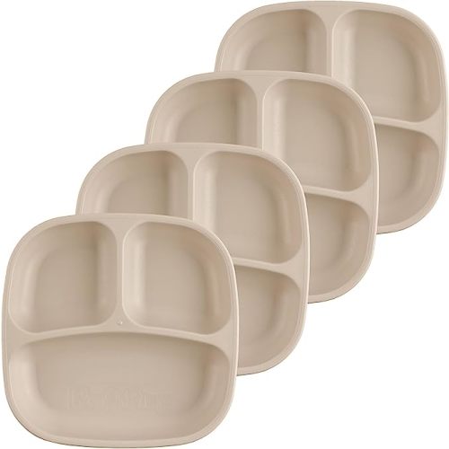 Re-Play Toddler Plates with Dividers - Deep-Walled 3 Compartments Divided Plates for Kids - Dishwasher & Microwave Safe - Made in USA - Set of 4-7.37" x 7.37" x 1.25" - Sand