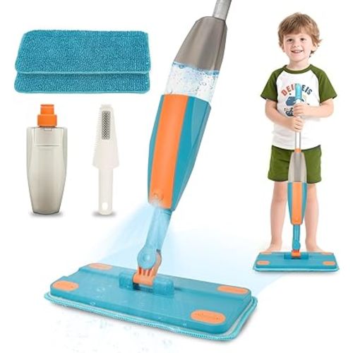Kids Spray Mop - Real Working Toddler Cleaning Toy Set with Water Sprayer & 2 Washable Pads - Montessori Mini Mop & Sweeper - Interactive Learning Toys for Kids Ages 3+