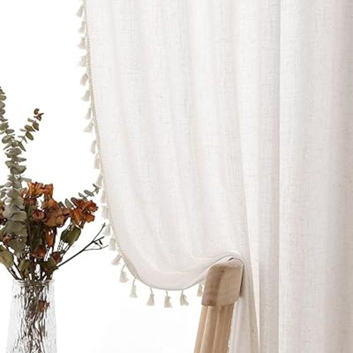 Cream Boho Linen Short Curtains 63 Inches Long 2 Panels Light Beige Semi Sheer Curtain Tassel Rod Pocket Back Tab Light Filtering Neutral Farmhouse Bohemian Drapes for Living Room Bedroom 38x63