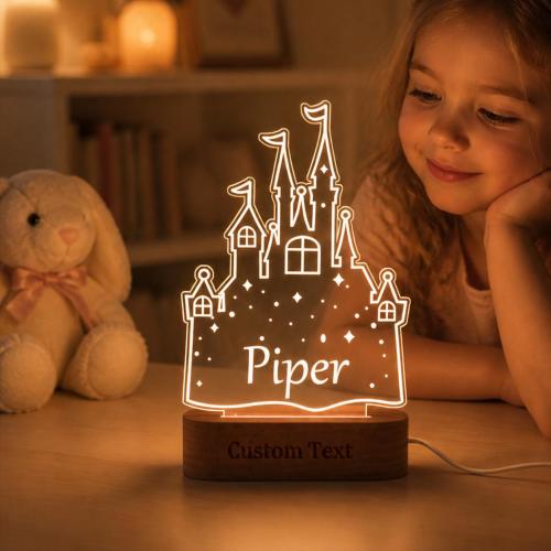 Personalized Castle Night Light, Custom Princess Theme LED Lamp, Fairy Tale Decor Acrylic Lamp, Line Art Castle Lamp, Cartoon Gift for Girls