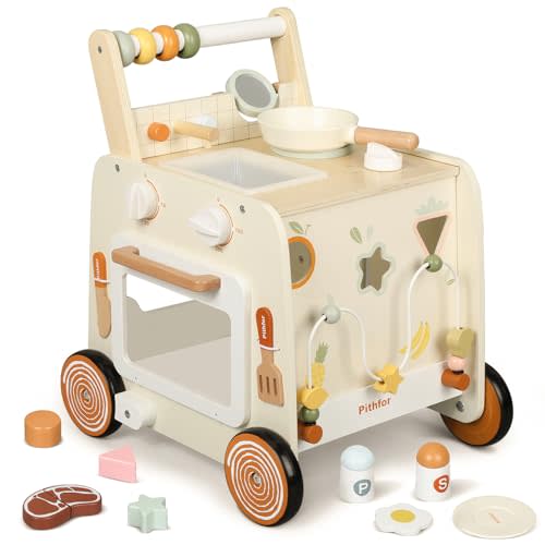 Pithfor Wooden Baby Walker, 3-in-1 Baby Push Walker, with Pretend Kitchen, Montessori Sensory Activity Center, Push Walker Toys for Babies Learning to Walk, Sit-to-Stand