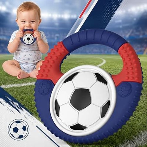 Baby Teething Toys Silicone Baby Soccer-Themed Teether Over 3 Months - Sensory Chew Toys - Baby Teether for Teething Relief - BPA Free Infant Toys Baby Shower Gifts (Blue&Red)