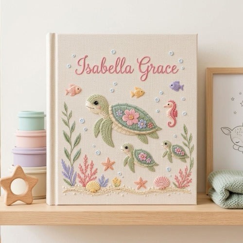 Hand Embroidered Baby Photo Album, Personalized Name Ocean Theme Album, Turtle Sea Life Design, Custom Newborn Keepsake Gift, Nursery Memory