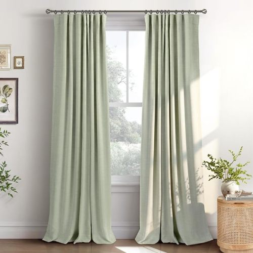 INOVADAY Sage Green Curtains 100% Blackout Curtains for Living Room 50X84 | Black Out Curtain 84 Inch Long for Bedroom 2 Panels, Clip Rings Linen Look Blackout Drapes, Thermal Insulated Room Darkening