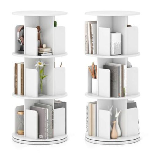 Costway 2 PCS 3-Tier Rotating Bookshelf 360° Display Rack Dividers & Anti-falling Baffles White