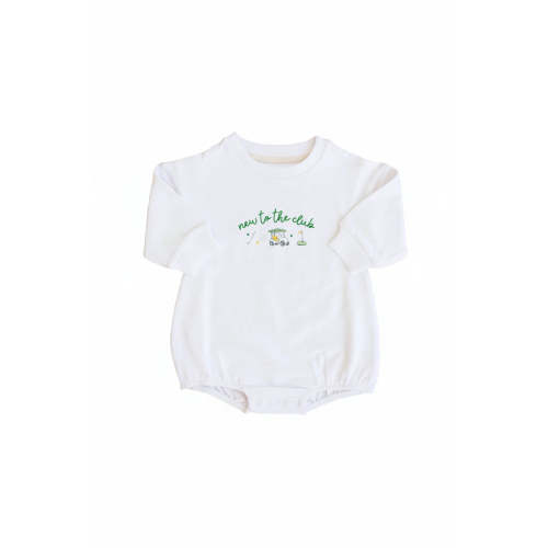 New To The Club Graphic Sweatshirt Bubble Romper | White