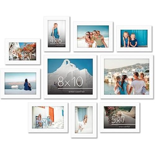 Americanflat 10 Piece White Gallery Wall Picture Frame Set in 8x10, 5x7, and 4x6 - Composite Wood with Shatter Resistant Glass - Horizontal and Vertical Formats for Wall and Tabletop
