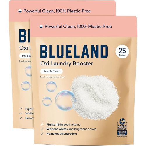 BLUELAND Oxi Laundry Booster Powder Refill 2-Pack, Fragrance Free & Clear, 50 Loads, 35.2 oz, Plastic-Free, Eco Friendly, Oxy Cleaner, Stain Remover