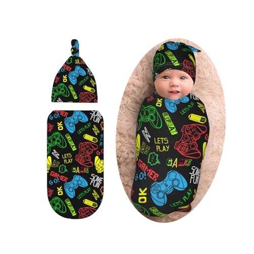 Game Controller Gifts Swaddle Blanket for Boys with Beanie Set, Soft Gaming Baby Swaddle Sack Newborn Sleeping Sacks