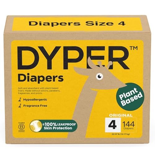 DYPER Baby Diapers Size 4 (144 Count) – Plant-Based, Hypoallergenic, Fragrance-Free & Ultra Absorbent Diapers for Day and Overnight Skin Protection, Value Pack Size 4 Diapers