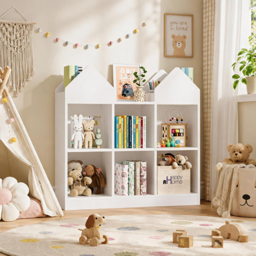 Trinx Double House-Shaped Kids Storage Bookshelf, 6 Open Cubby Toy & Book Organizer Cabinet for Playroom and Nursery, Natural | Wayfair