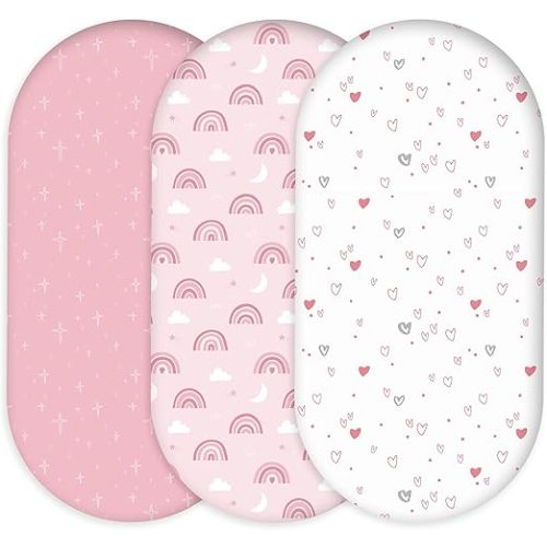 Bassinet Sheets for Baby Girl 32 * 16, 3 Pack Soft Breathable Baby Bassinet Mattress Sheets Fit for Hourglass Oval Cradle, Moses Basket Rectangle Mattress (Rainbow, Pink)