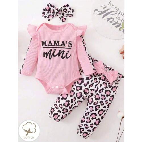 Baby Girl 3pcs/Set Headband+Pit Stripe Letter Print Bodysuit+Leopard Print Pants Outfits | SHEIN USA