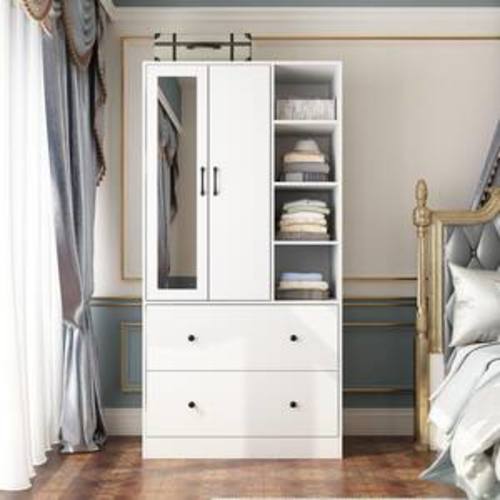 White Wood 35.5 in. W Armoires Wardrobe With Mirror, Pulling Hanging Rod, Drawers, Shelves 15.8 in. D x 70.8 in. H