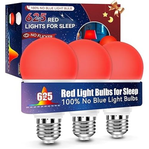 Neporal 625nm Red Light Bulbs for Sleep, 100% Blue Light Blocking Light Bulbs for Melatonin Promoting, A19 LED 9W 60W Equivalent Dim Red Night Light Bulb for Baby Nursery, Sleeping, Reading, 3-Pack