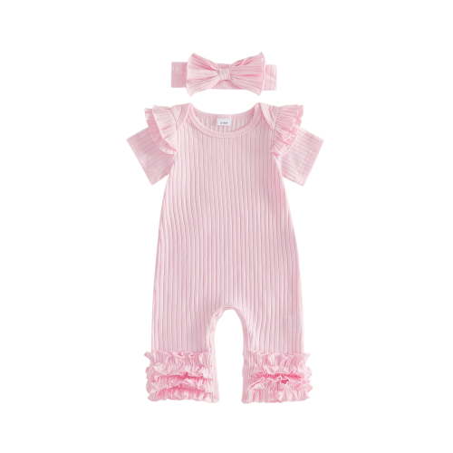 BemeyourBBs Preemie Baby Girl Spring Summer Fall Clothes Baby Girl Newborn Hospital Going Home Outfit Ribbed Romper Solid Color Ruffled Short Sleeve Full Length Jumpsuit with Bow Headband