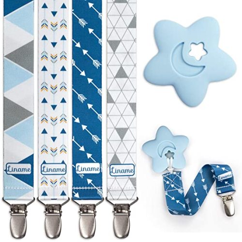 Neutral Pacifier Clip with Teething Toy - 4 Pack Pacifier Clips for Boys & Girls - Binky Holder Soothie Paci Clip Binkie Clip - Unisex Pacifer Clip Baby Pacifier Clip and Pacifier Holder (Blue)