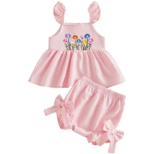 Baby Girls Summer Clothes Infant Toddler Cotton 2 Piece Outfit Floral Embroidered Ruffle Tank Top Bow Shorts Set