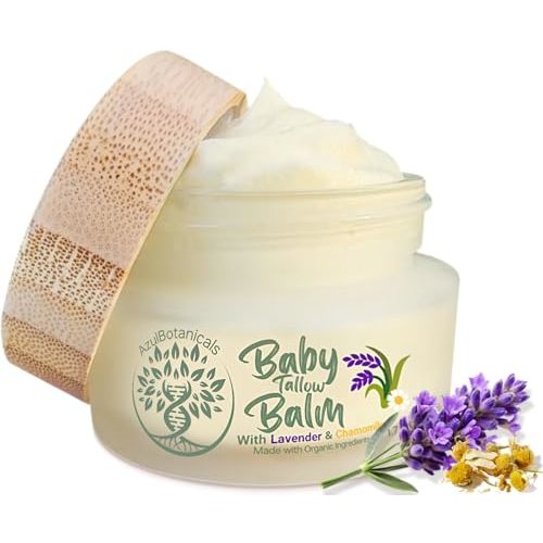 AzulBotanicals Baby Tallow Balm with Lavender Leaf and Chamomile Extract, Whipped Grass fed/finished Tallow, with Organic Ingredients for Delicate Skin (1.7 oz)