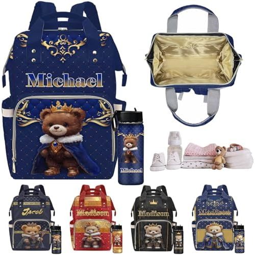 Customized Diaper Bags, Personalized Bear Crown Diaper Backpack Custom Bag with Name Customized Travel Nappy Mommy Bag Backpack