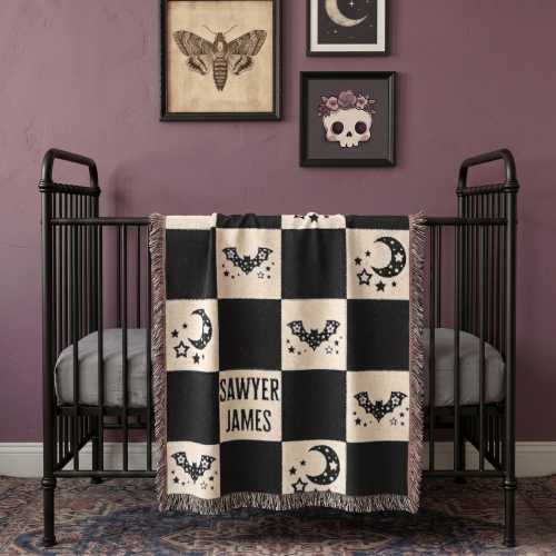 Personalized Checkerboard Bat Woven Baby Blanket, Custom Name Moon Stars Throw, Whimsical Nursery Decor, Alt Mom Whimsigoth Baby Gift