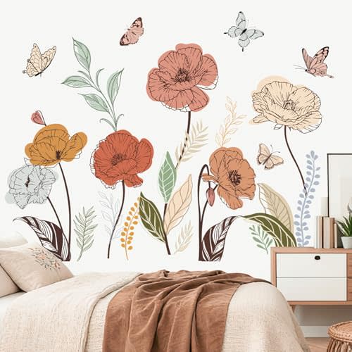 Peelora Boho Flower Wildflower Floral Grass Plants Wall Decals Stickers | Peel and Stick Decals for Walls, DIY Wall Art Stickers, Removable & Wall‑Safe, Vibrant Colors Decor for Bedroom, Living Room