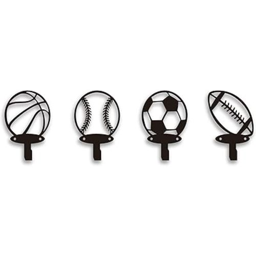 Xedatric 4-Pack Sports Wall Decor – Multi-Theme Coat Hooks for Boys Bedroom, Nursery, Sports Room – Includes 8 Screws, Perfect for Football, Basketball, Baseball, Rugby Fans