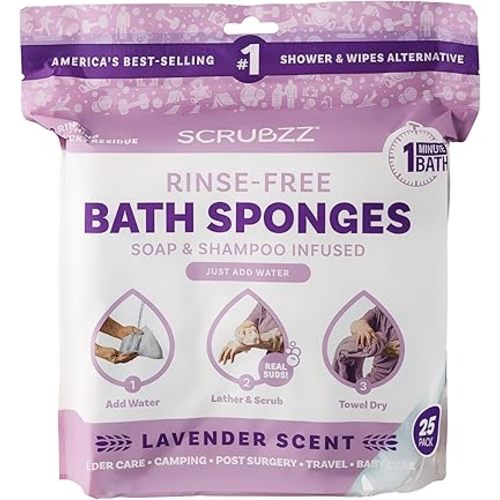 Scrubzz Disposable No Rinse Bathing Wipes - 25 Pack - All-in-1 Single Use Shower Wipes, Simply Dampen, Lather, and Dry Without Shampoo or Rinsing (Lavender, 1-Pack)
