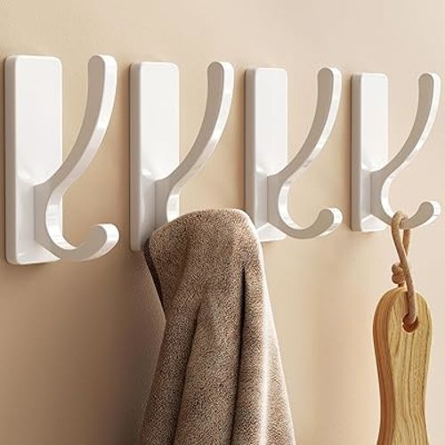 pickpiff Adhesive Wall Hooks for Towels - Sticky Hook Hanging Heavy Duty (13lb), Hanger for Door, Bathroom, Dorm, Closet - for Coats, Purse, Bag, Robe - No Damage to Wall - White 4 Pack