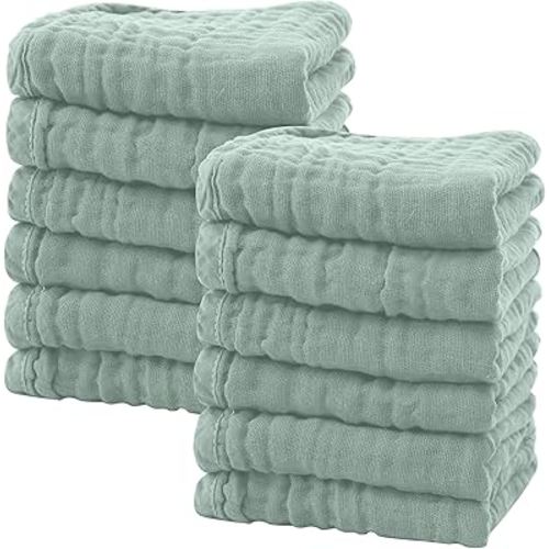 SWEET DOLPHIN 12 Pack Baby Muslin Washcloths - Soft Face Cloths for Newborn, Absorbent Bath Wash Cloths, Wipes, Burp Rag - Toddlers Essentials Stuff, Baby Registry as Shower -10"x10", Green