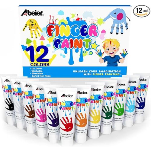 ABEIER Washable Finger Paint for Toddlers, Safe Non-Toxic, 12 Vibrant Colors (1.21fl oz), Baby Safe Paint for Hand and Feet, Mess Free Art Supplies for Kids, Preschool Learning Gifts, Ages 1-3 4 5 6+