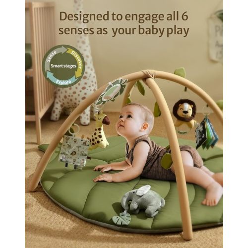 Blissful Diary Baby Play Gym & Activity Mat, Oversize Leaf Shaped Baby Play Mat w 6 Detachable Toys, Tummy Time Mat Promote Motor Skills & Sensory Development Mat, Newborn Infant Baby Essentials Gift - Play Gym with Lion Rattle