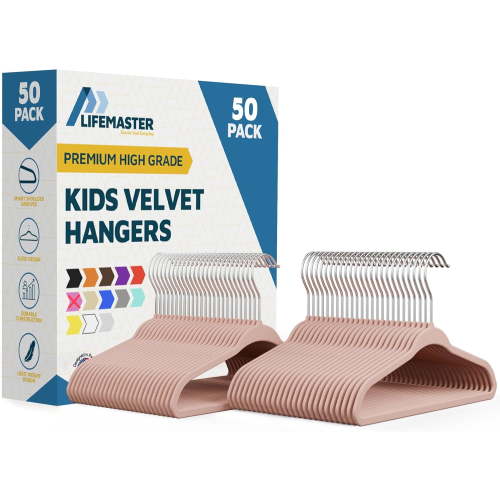 Lifemaster Velvet Kids Hangers, 50-Pack Non-Slip Baby & Toddler Clothes Hangers, Slim Space-Saving with Swivel Hook, Pink