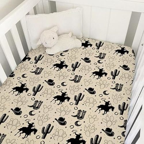 Vintage Western Cowboy Baby Crib Sheets 52''x28'' Cowboy Horse Boots Hat Cactus Moon Snug Fitted Crib Mattress Cover for Boy Girl Wild Plants Soft Baby Bed Sheet for Standard Crib Toddler Mattress