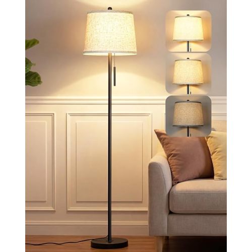 JUNNAI 【Upgraded】 Modern Black Floor Lamp 63in Standing Lamp for Living Room Bedroom Office 3 Way Brightness Dimmable Tall Pole Light with Beige Linen Shade Metal Shade 8W 3000K LED Bulb Included
