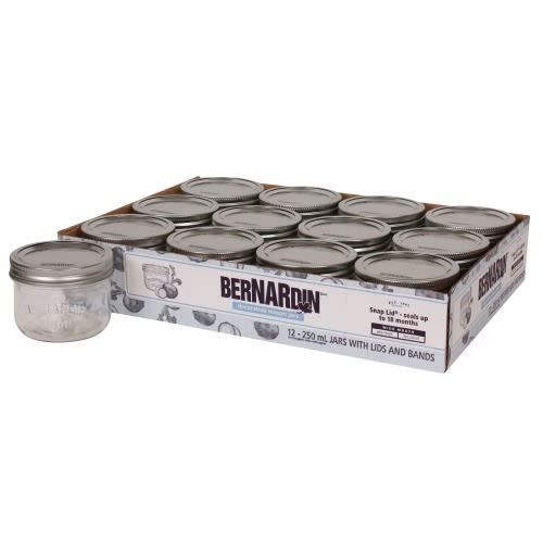 Bernardin Wide Mouth Decorative Glass Mason Jars with Snap Lids and Bands, 250 mL, 12 Count