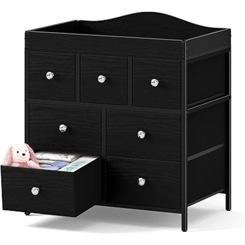 BOLUO Changing Table Dresser with Storage, Baby Dresser with Changing Table Top Diaper Changing Station with 7 Fabric Drawers for Nursery Modern