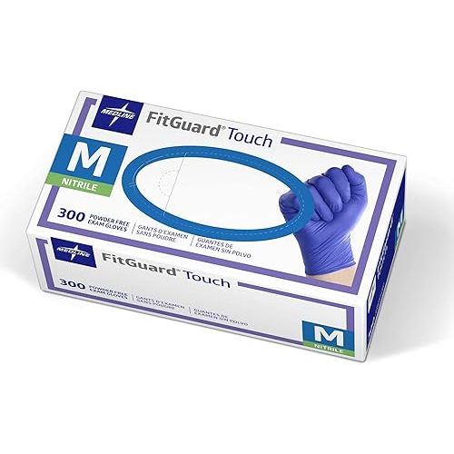 Medline FitGuard Touch Nitrile Exam Gloves, 300 Count, Medium, Powder Free, Disposable, Not Made with Natural Rubber Latex, Excellent Sense of Touch for Medical Tasks, Durable for Household Chores