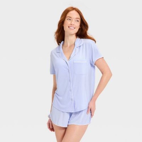 Women's Short Sleeve Notch Collar Shirt and Shorts Pajama Set - Auden™ Light Blue L