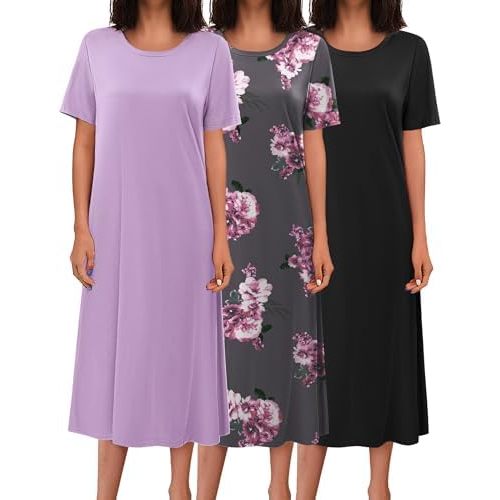 Ekouaer 3 Pack Long Nightgowns for Women Full Length Short Sleeve Nightshirt Soft Plus Size Sleepwear Casual Loungwear