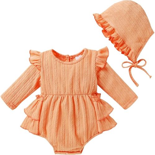YOUNGER TREE Baby Girl Clothes Long Sleeve Ruffle Romper Infant Fall Winter Outfits with Hat Cute Jumpsuit Bodysuit