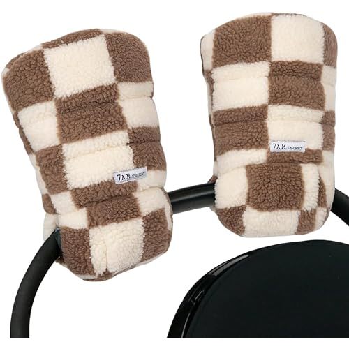 7AM Enfant Stroller Warmmuffs Gloves - Anti-Freeze Stroller Mittens for Handlebars, Water Repellent Hand Warmer Muff for Cold Weather, Plush Lined (Print Checkers Tan)