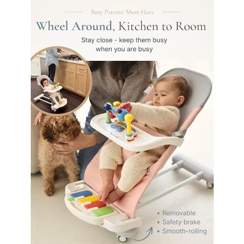 CuddoBaby Baby Bouncer 4-in-1 on Wheels, Detachable Pianos, Feeding Tray, 3-Level Recline Foldable Seat with Play Bar for Infant to Toddler 0-6, 0-12, 12-24 Months, Boy Gift Idea - Blue