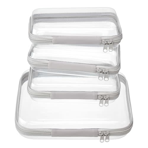 4 pcs Clear Zipper Pouches,Hard Shell Zipper Case, Toiletry Bag for Travel, CLear Diaper Bag, Toiletry Pouch, Travel Organizer, Cosmetic Bag,Toy Storage Bins (M+3S) (Gray)