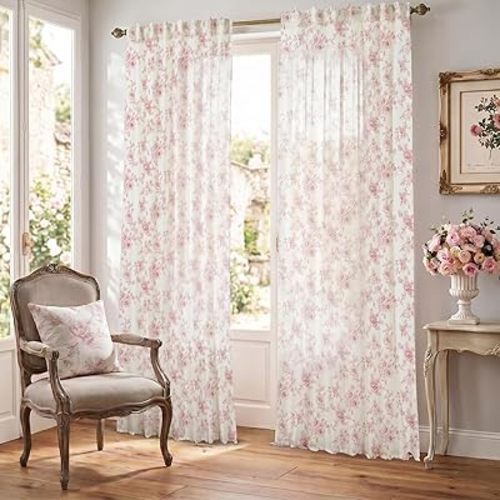 Pink Curtains for Nursery Girls Bedroom,French Country Sheer Blush Floral Victorian Toile Whimsical Pastel Dusty Rose Cottagecore Elegant Linen Curtains for Living Room Baby Kid 96 In Long 2 Panel Set