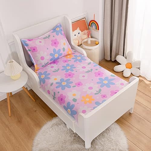 2PC Soft Bed Fitted Sheet and Pillowcases Set,Purple Flower Printed Sheets for Kids Twin Size Bed