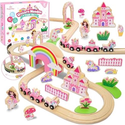 SIMPLIPLAY Wooden Train Set, 43PCS Unicorn Toy Train Set with Crash Barrier