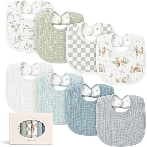 Konssy 8-Pack Muslin Baby Bibs, Adjustable Fit for Drooling and Teething