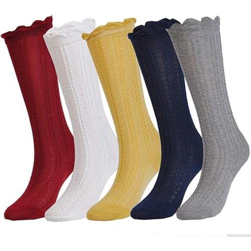 EPEIUS Girls Cotton Knee High Socks Mesh Ruffle School Uniform Long Socks